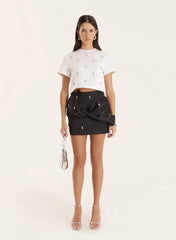 White Embellished Woven Crop T Shirt