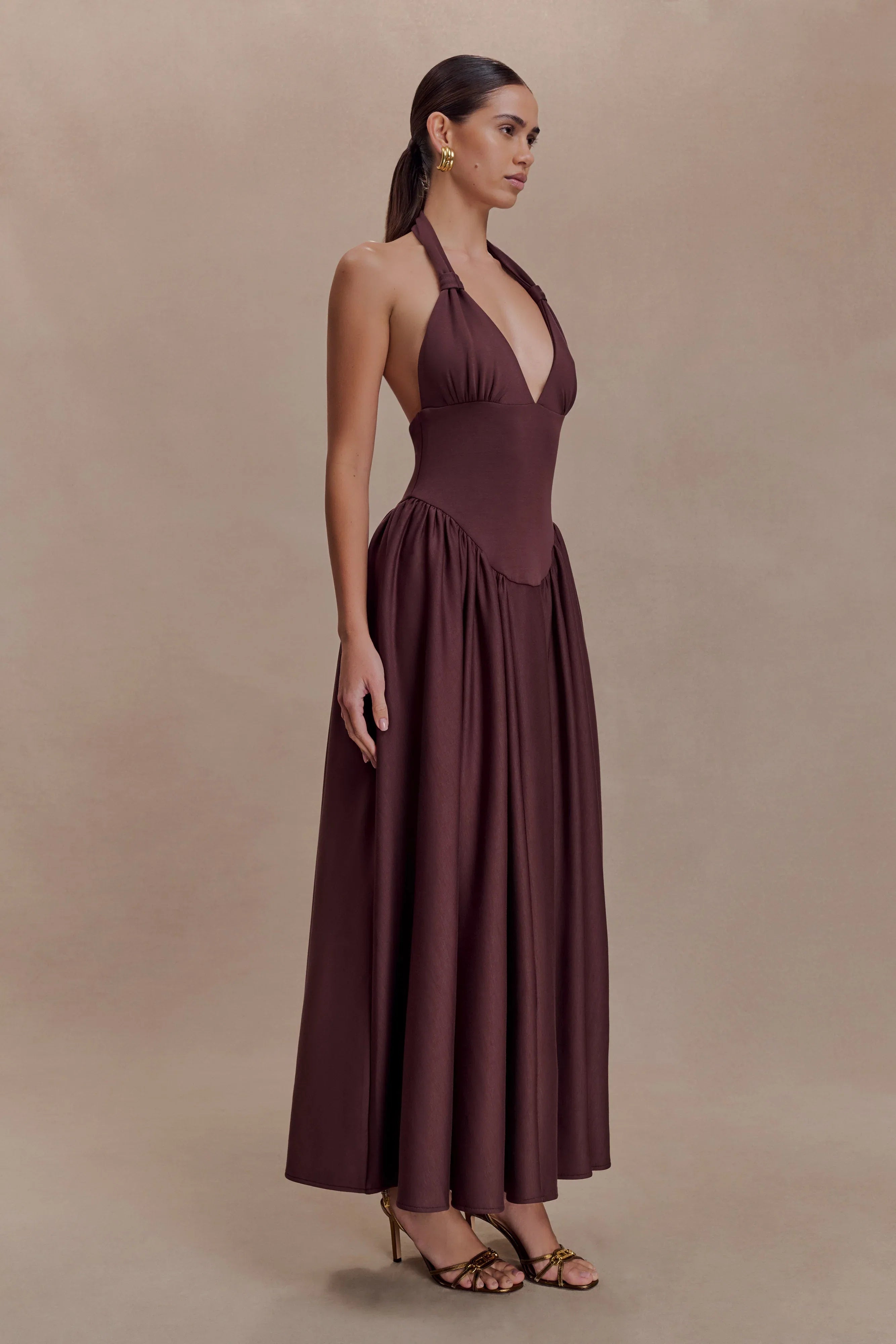 Angelina Scuba Halter Midi Dress Chocolate
