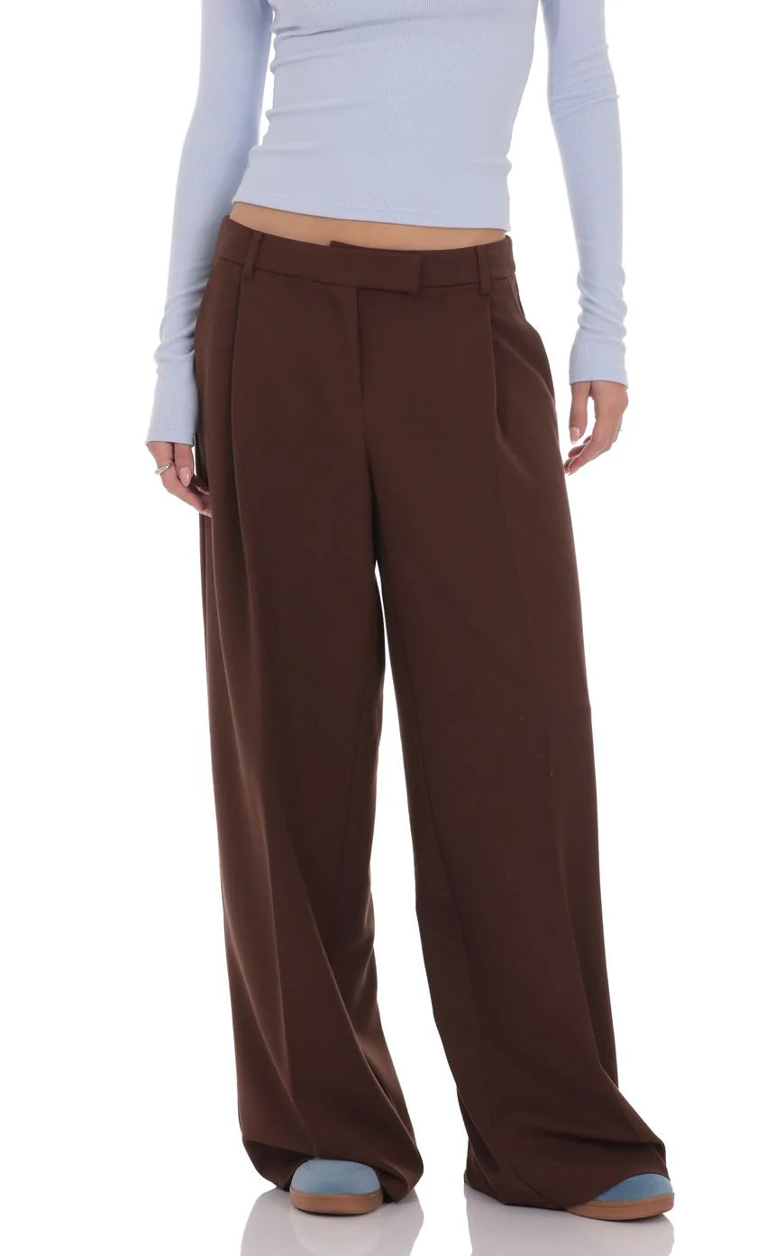 Pleated Wide Leg Trousers in Brown