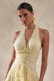Bea Lemon Plunge Neck Ruffled Maxi Dress