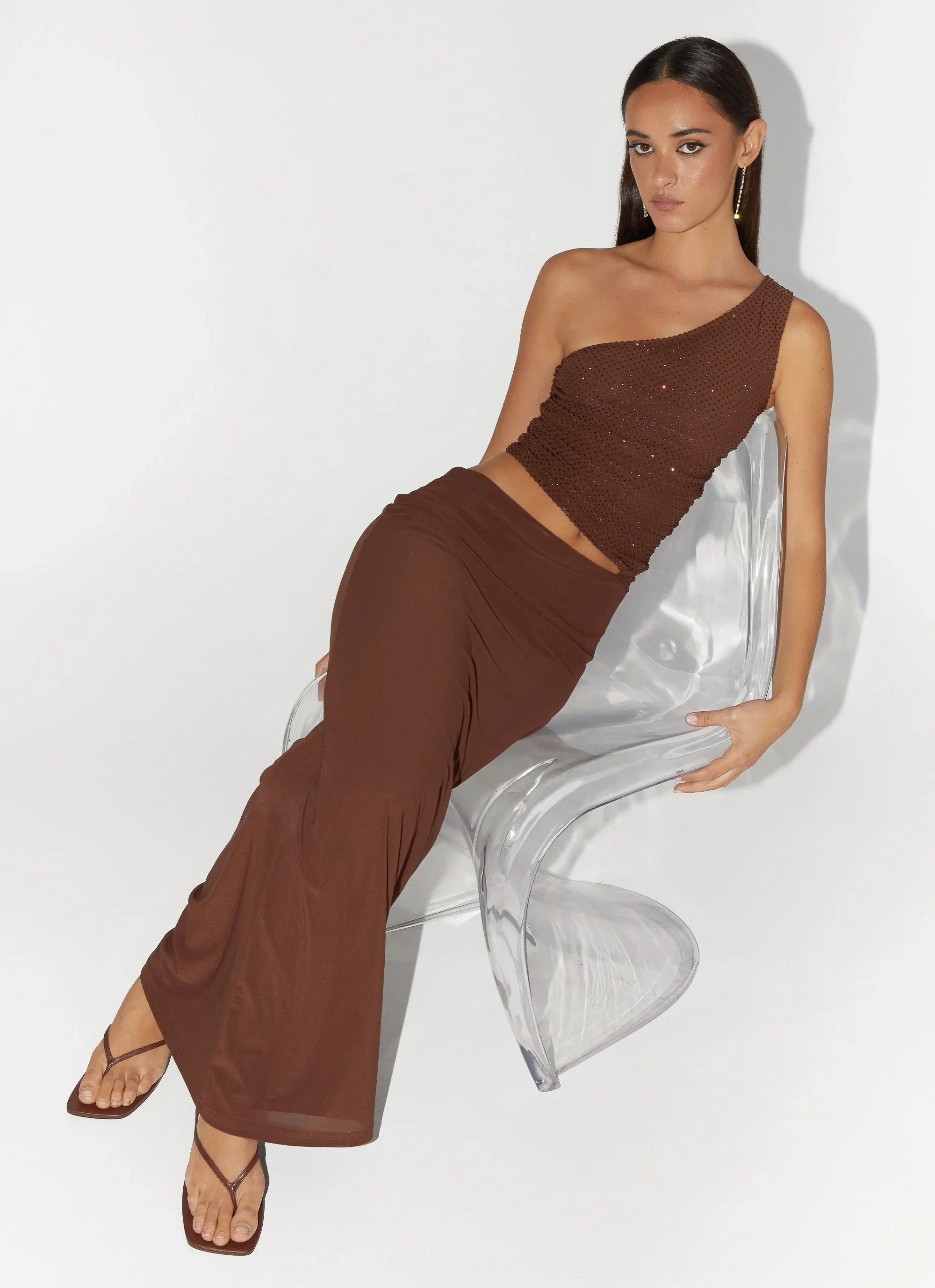 Seranella Sequin One Shoulder Maxi Dress Chocolate