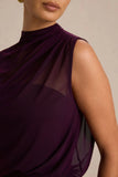 Aurelia Dark Plum High Neck Wrapped Maxi Dress With One Cape Sleeve