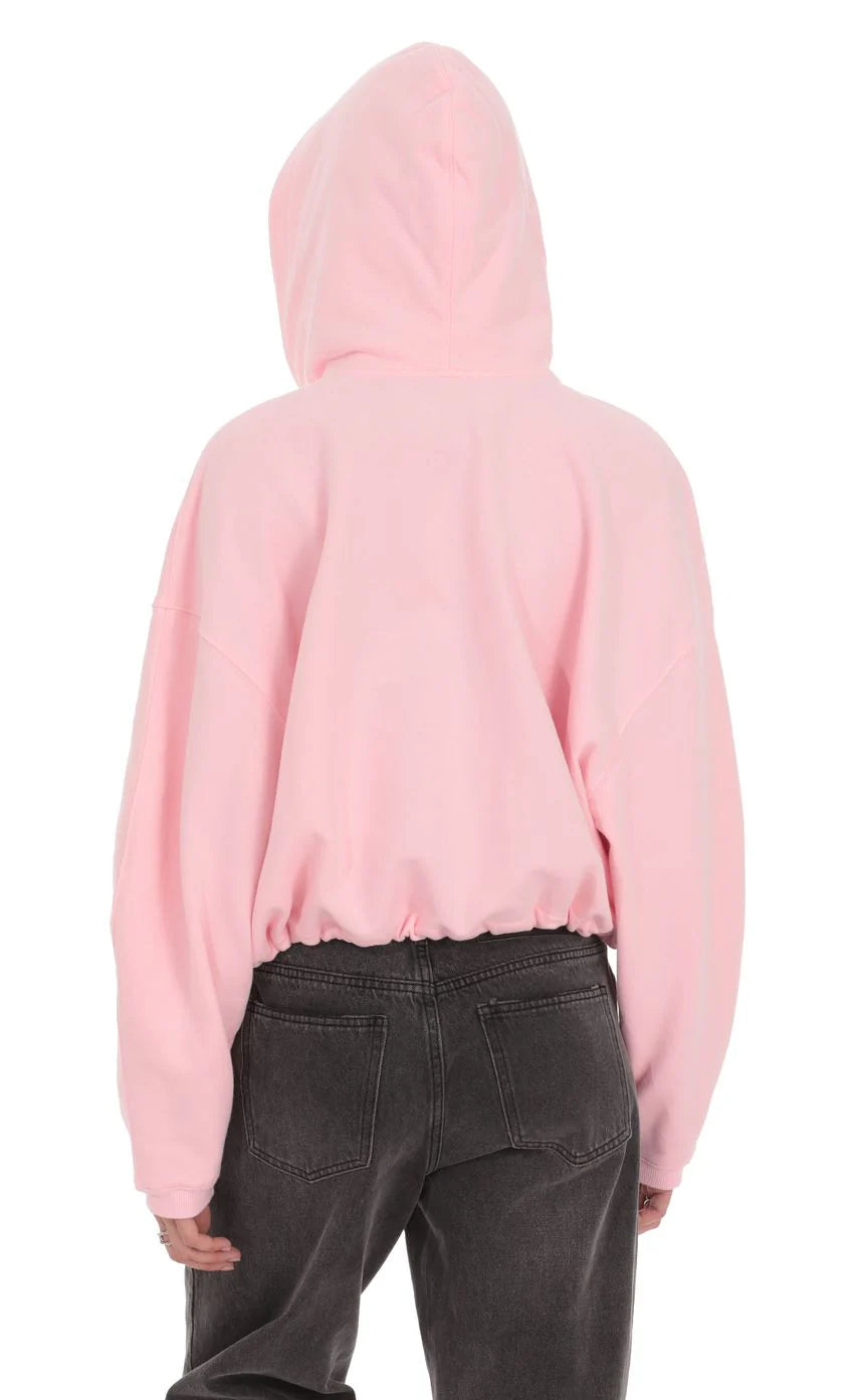 Cropped Fleece Zip Up Hoodie in Pink