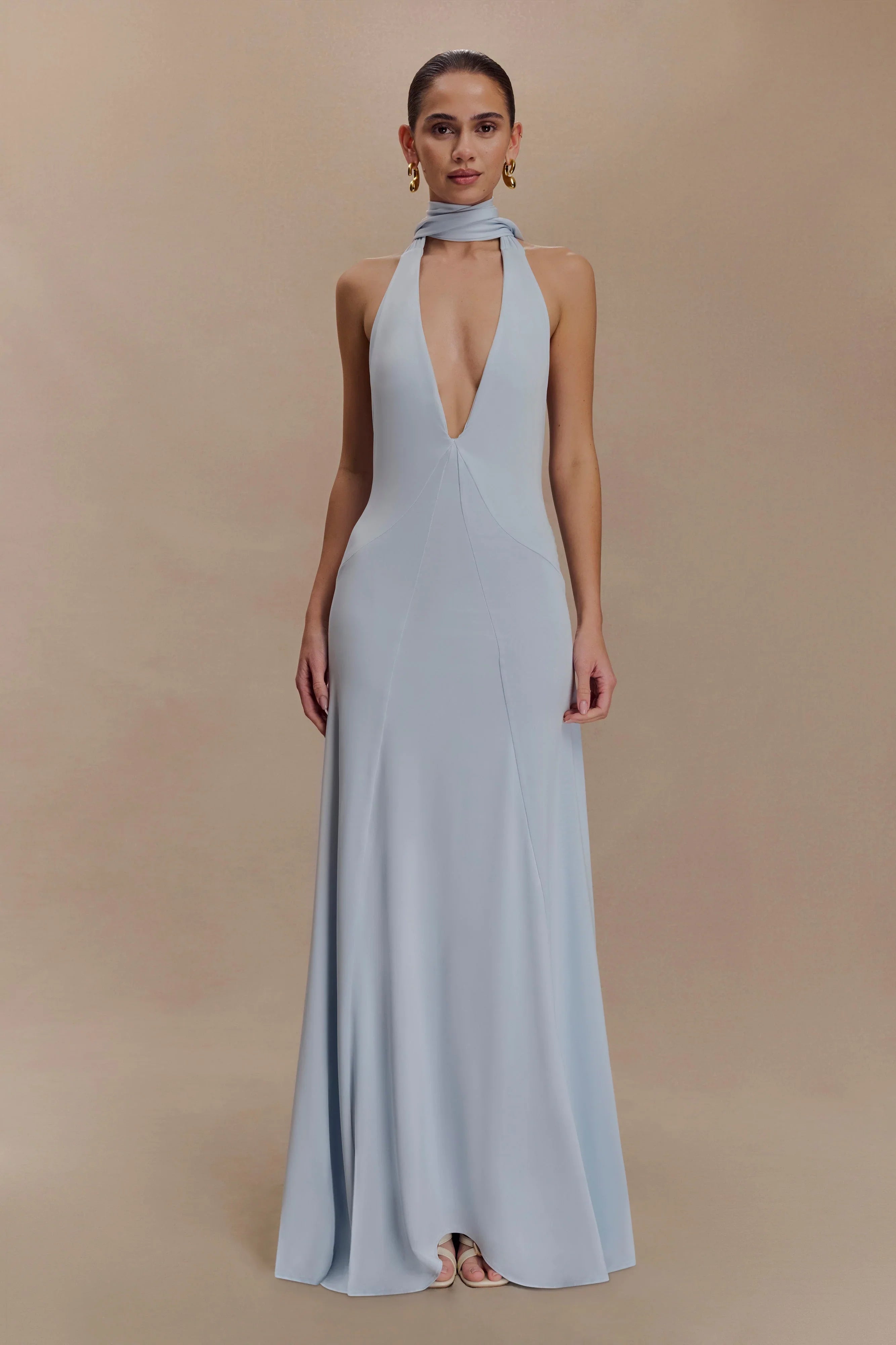 Juliet Slinky Maxi Dress With Scarf Pale Blue