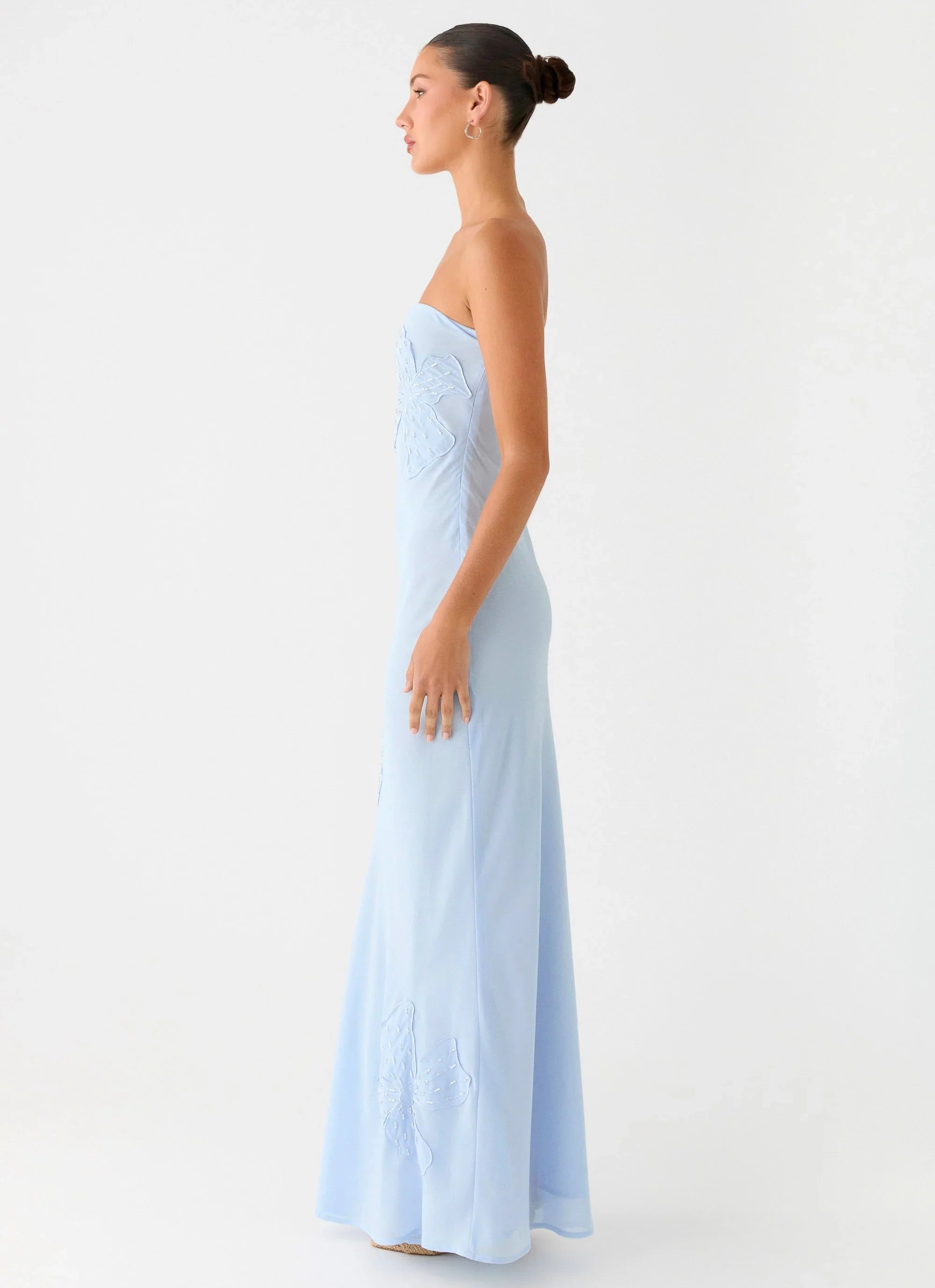 Sassafras Beaded Flower Strapless Maxi Dress Blue