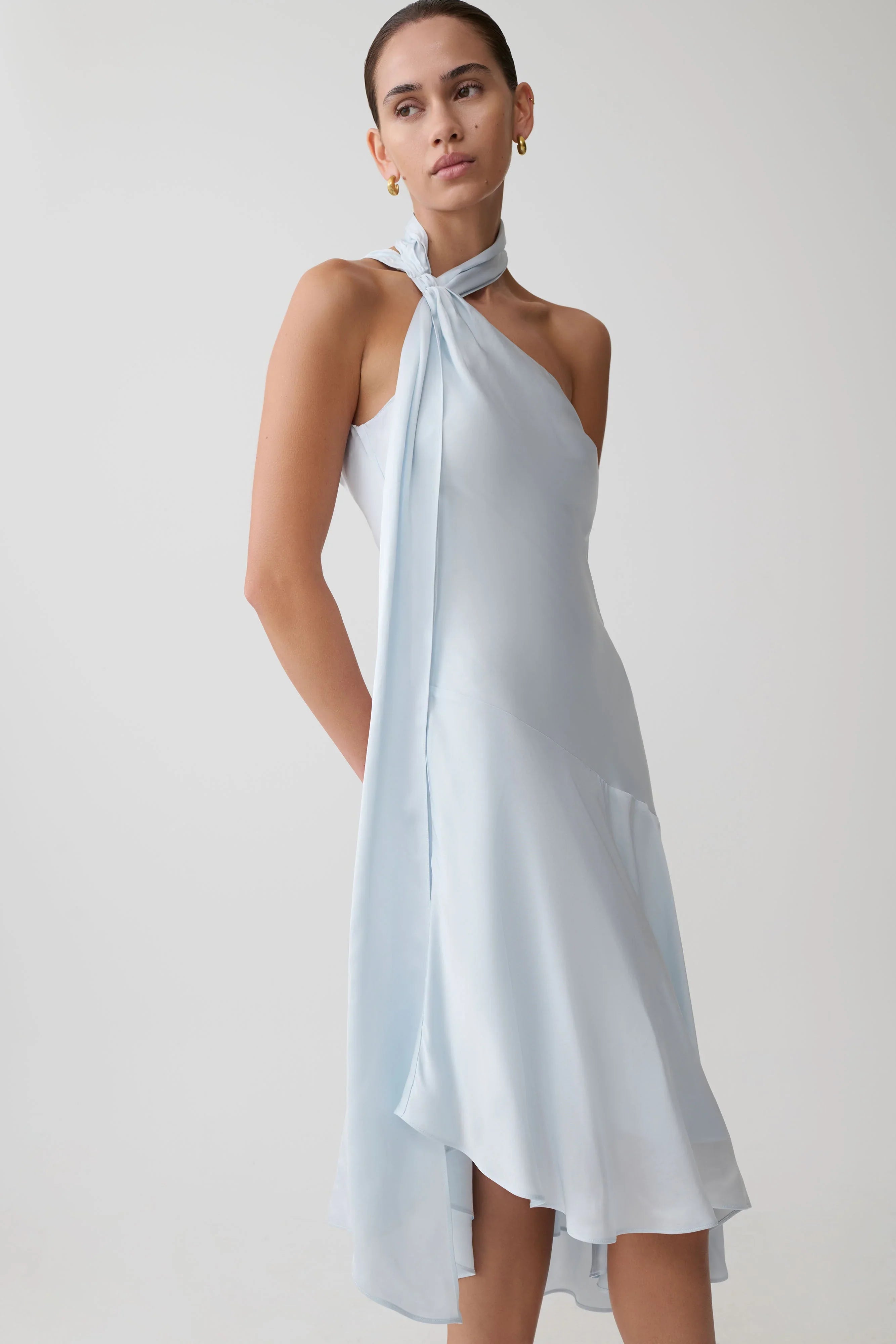 Evelina Halter Asymmetric Hem Midi Dress Ice Blue