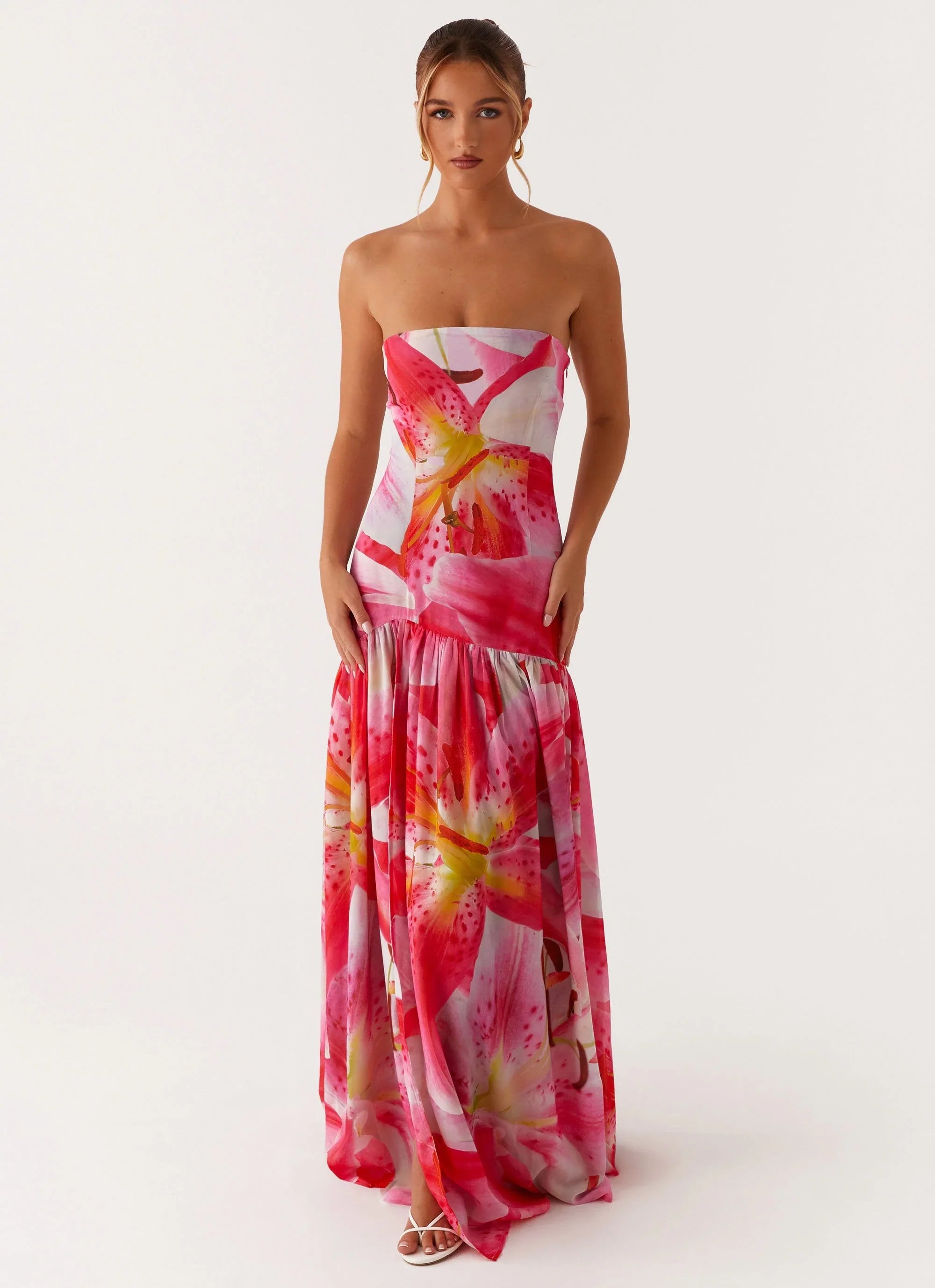Eden Strapless Maxi Dress White Pink Lilly