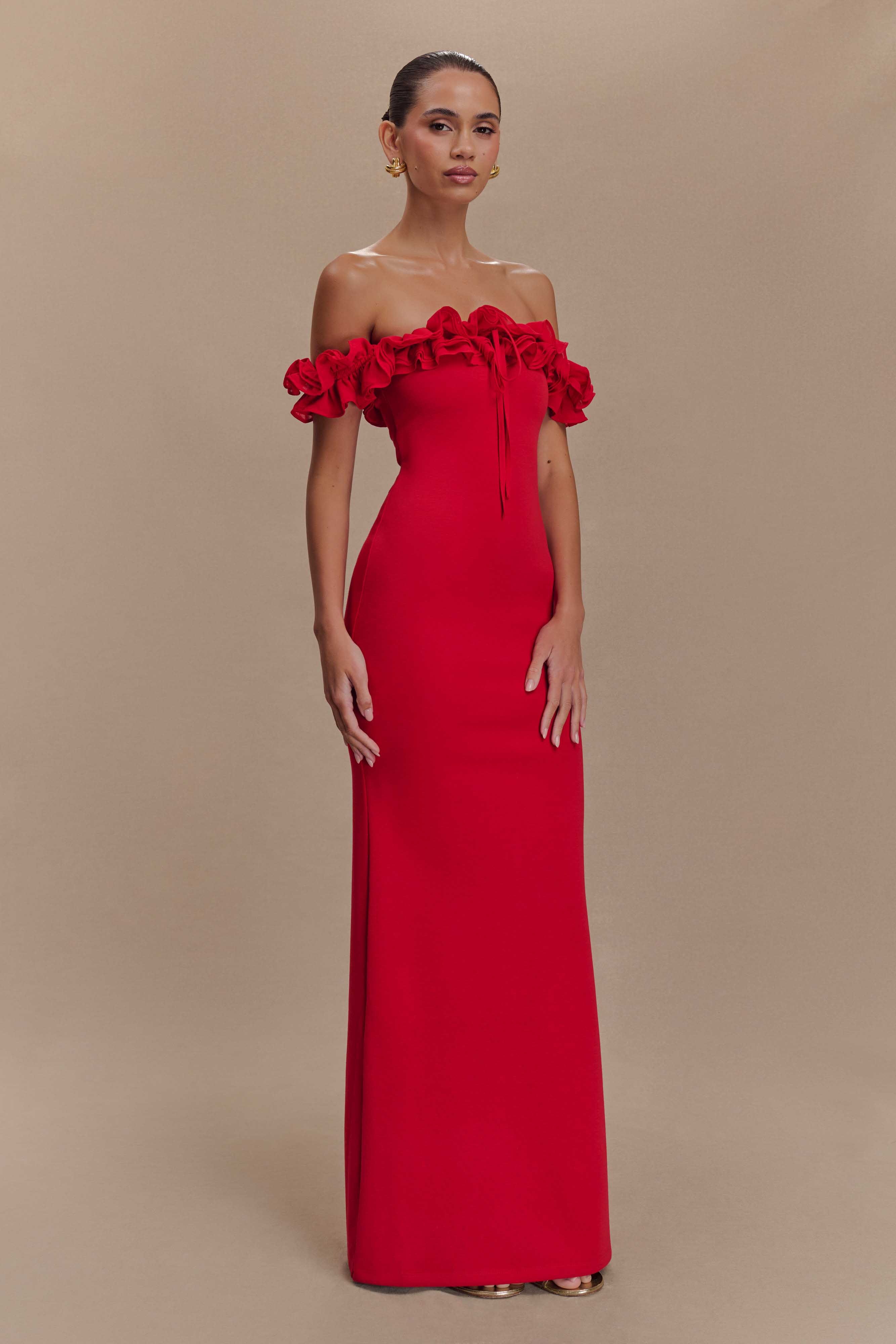 Nova Ruffle Off Shoulder Maxi Dress Ruby