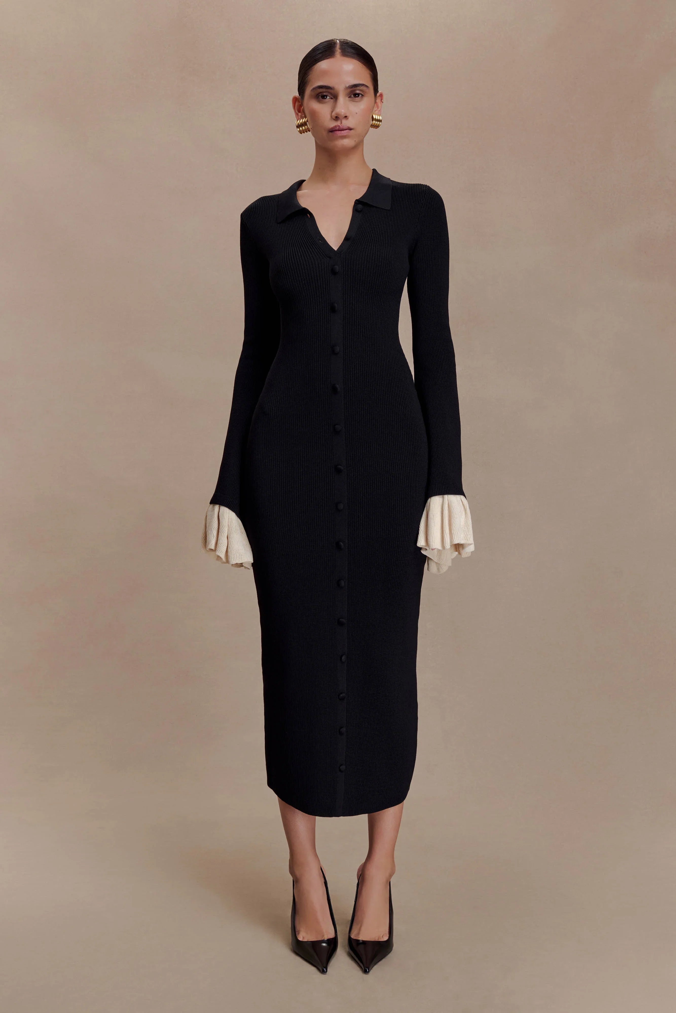 Amirose Ruffle Knit Midi Dress Black