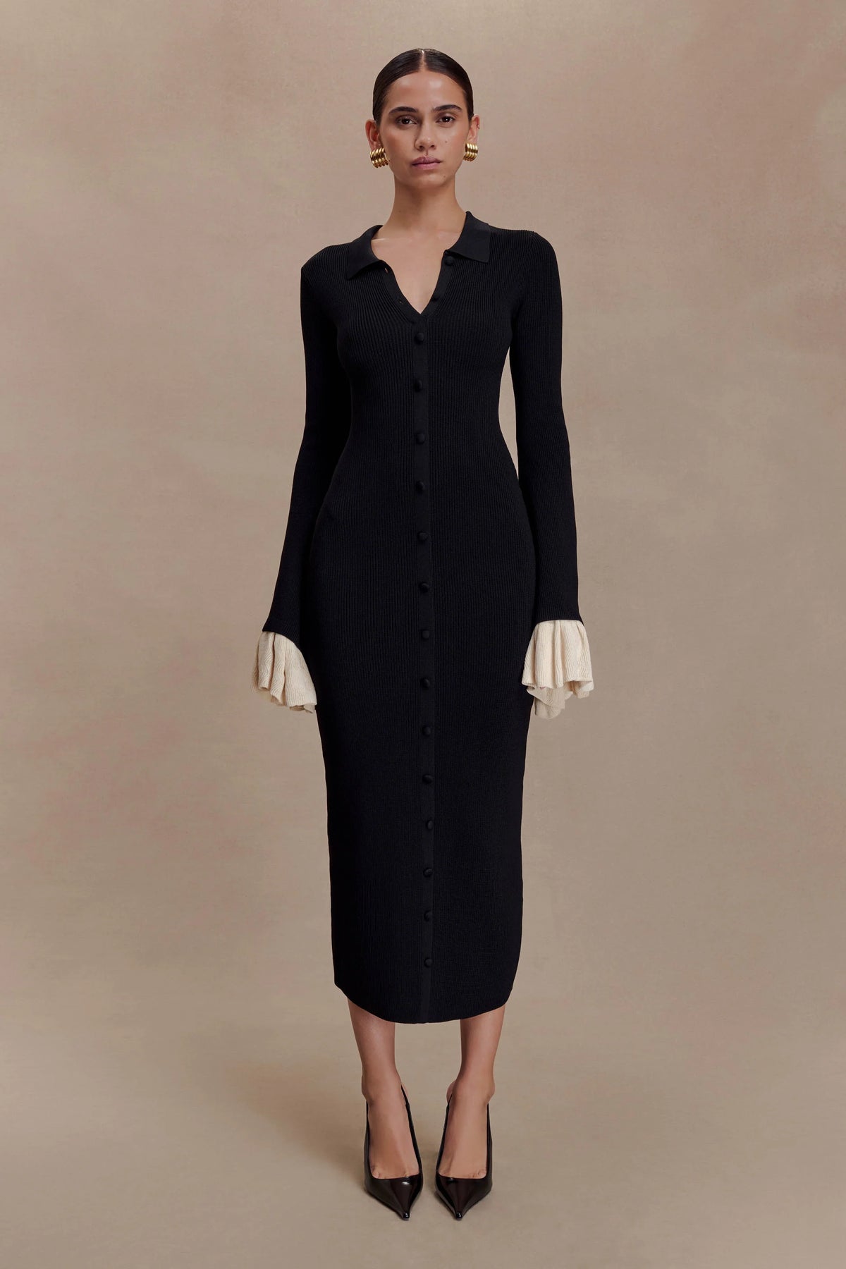 Amirose Ruffle Knit Midi Dress Black