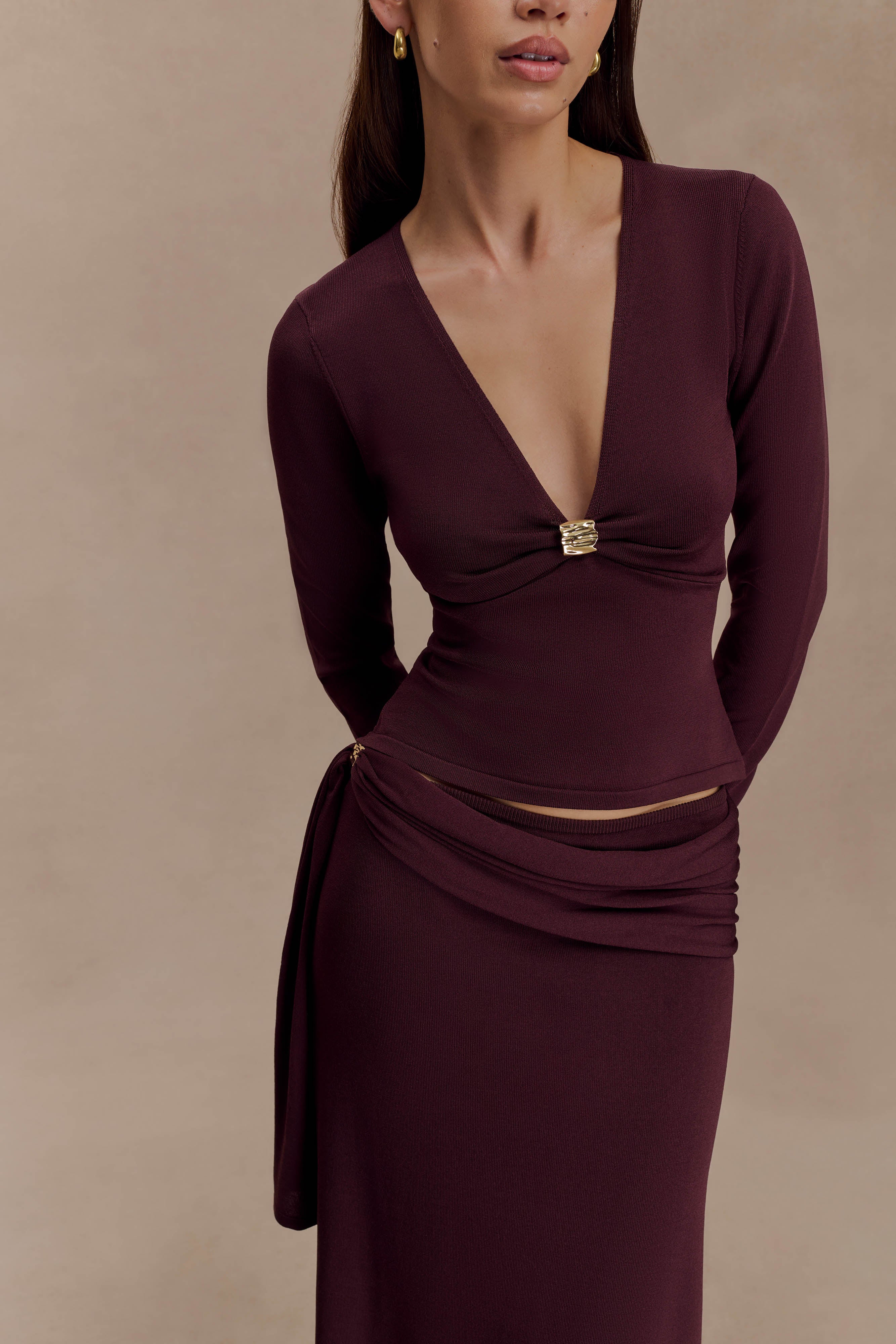 Miraby Front Ruched Knit Long Sleeve Top Dark Chocolate
