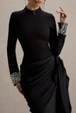 Luanna Black Satin Long Sleeve Midi Dress With Draped Skirt And Embellised Cuffs