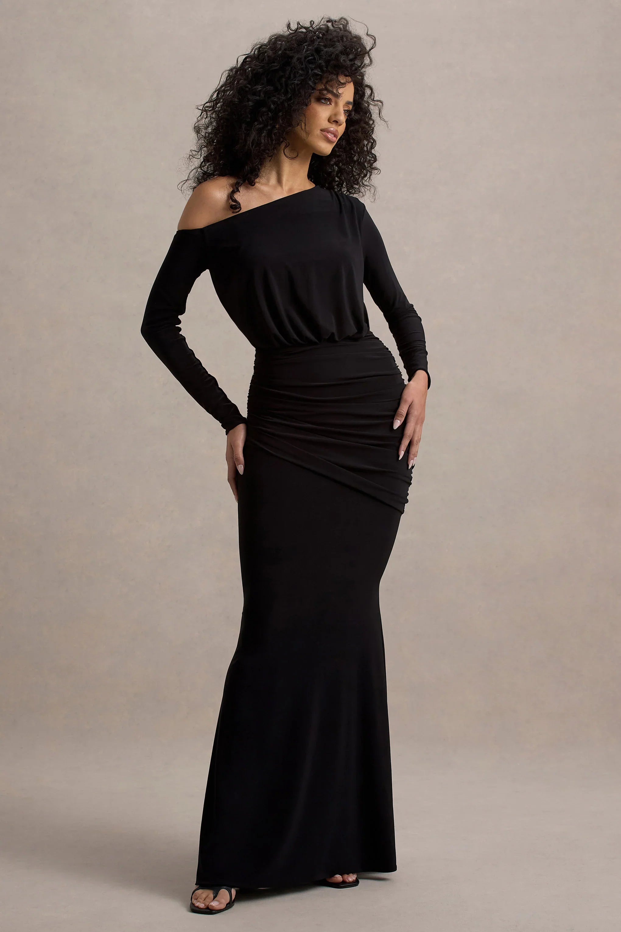 Deanna Black Asymmetric Long Sleeve Ruched Maxi Dress