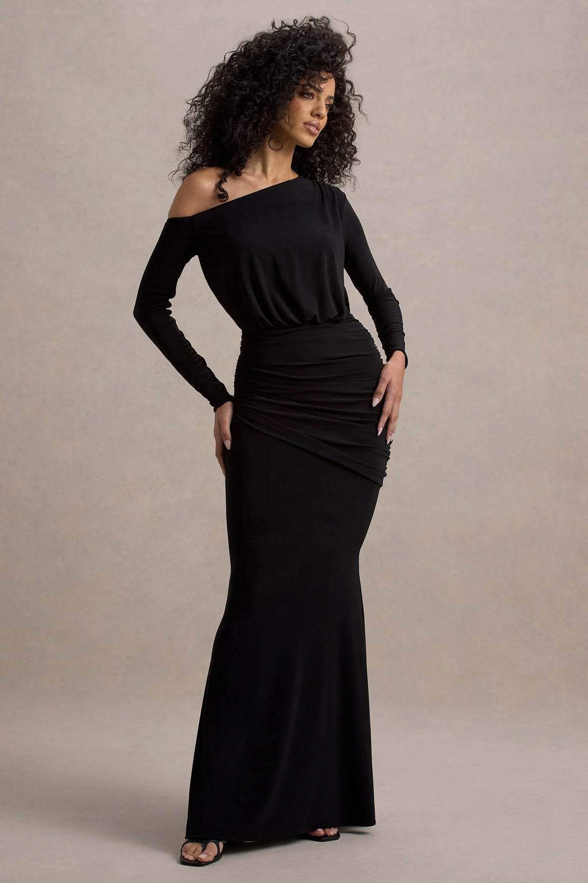 Deanna Black Asymmetric Long Sleeve Ruched Maxi Dress