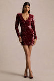 Ritz Burgundy Sequin Plunge Neck Mini Dress With Long Sleeves