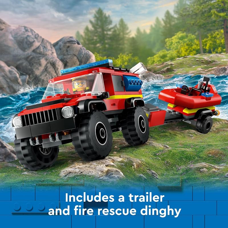 LEGO City 4x4 Fire Truck with Rescue Boat Building Toy for Boys Girls Ages 5 Gift for Birthdays Truck Toy W 3 Minifigures 60412