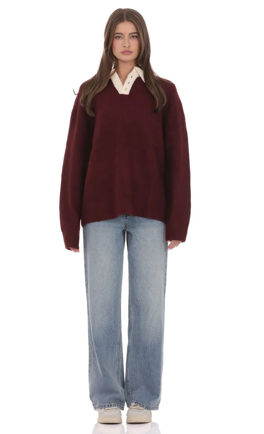 Knit Rugby Jumper in Burgundy