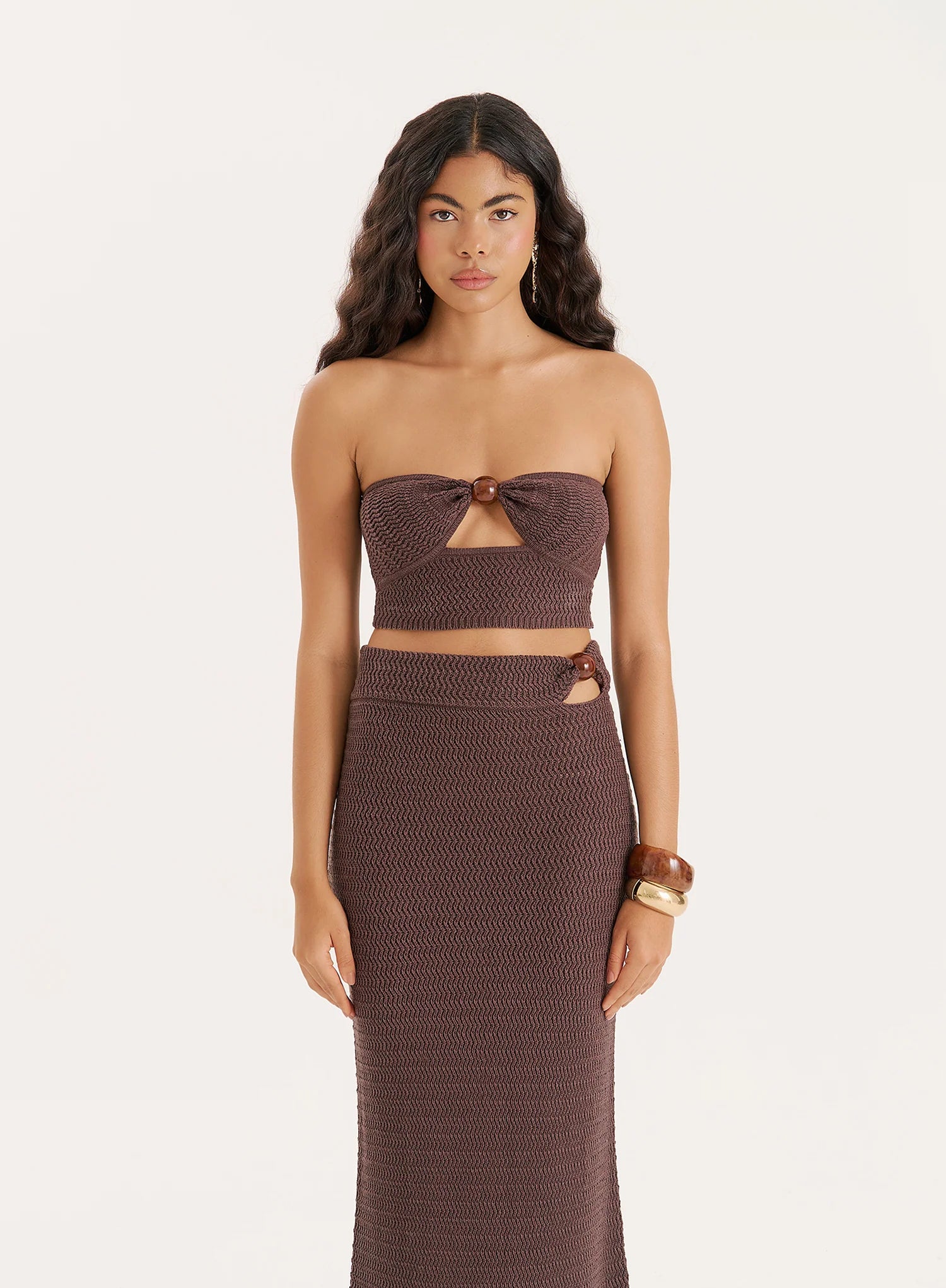 Brown Knitted Bead Detail Bandeau Top