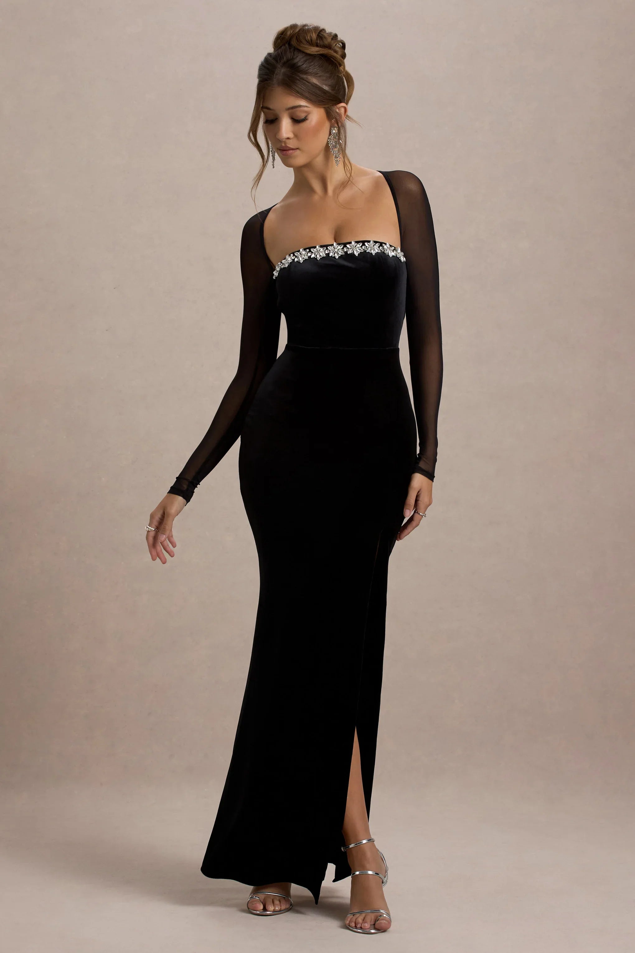 Ashby Black Velvet Embellished Square Neck Split Maxi Dress
