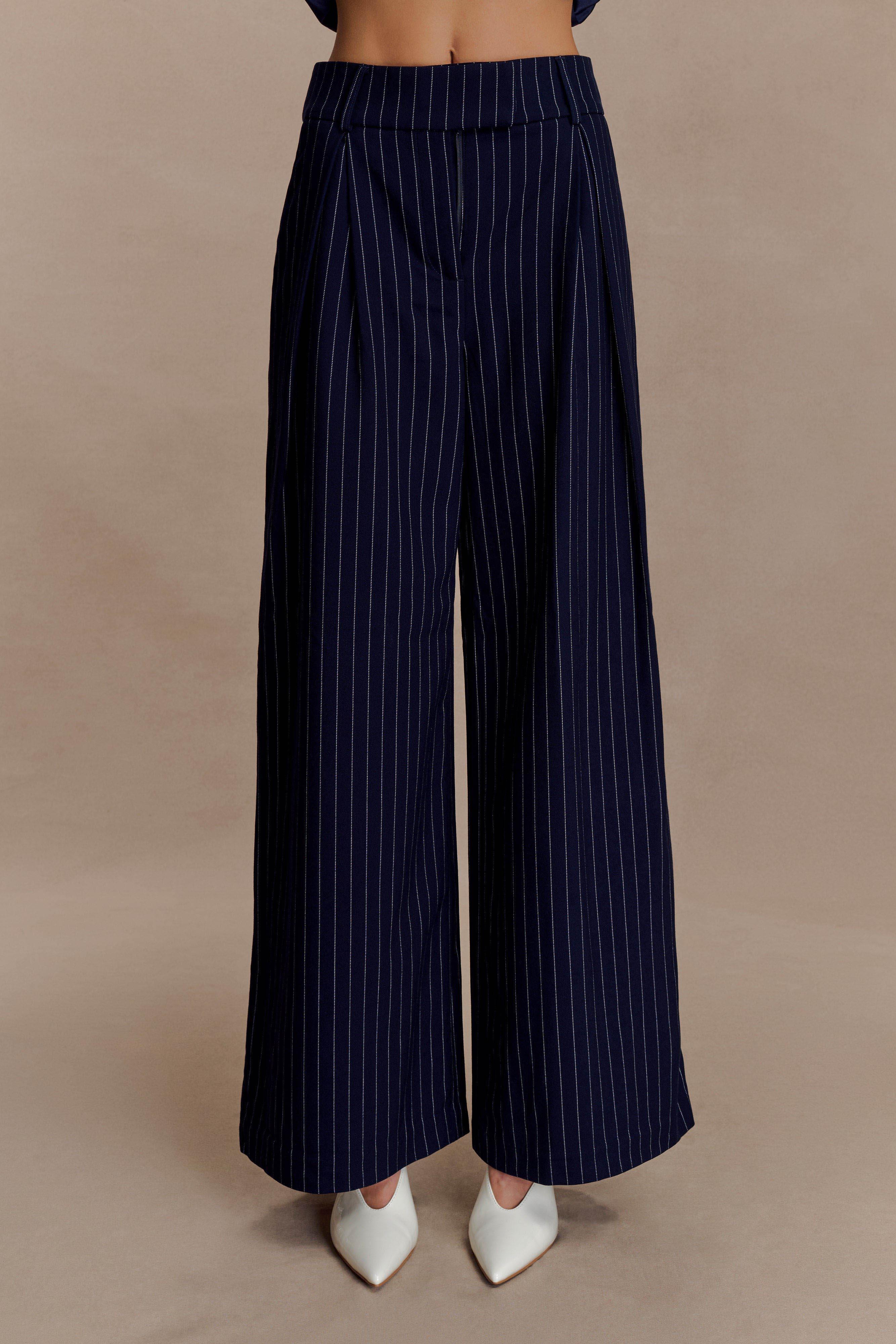 Jacqueline Pleated Wide Leg Pants Navy Pinstripe