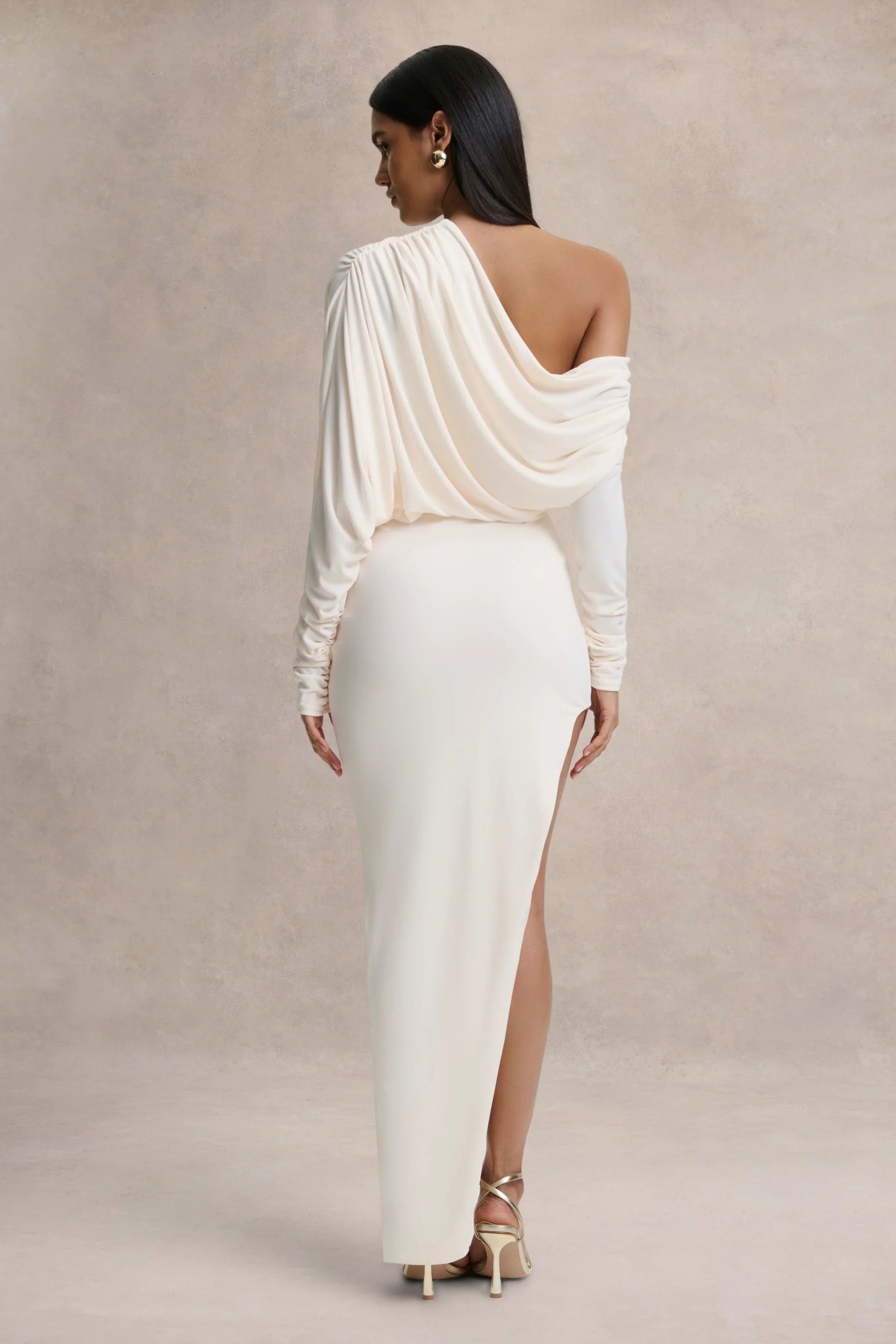 Olivia Cream Asymmetric Neck Maxi Dress With Ruched Detailing Asymmetric Hem