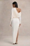 Olivia Cream Asymmetric Neck Maxi Dress With Ruched Detailing Asymmetric Hem