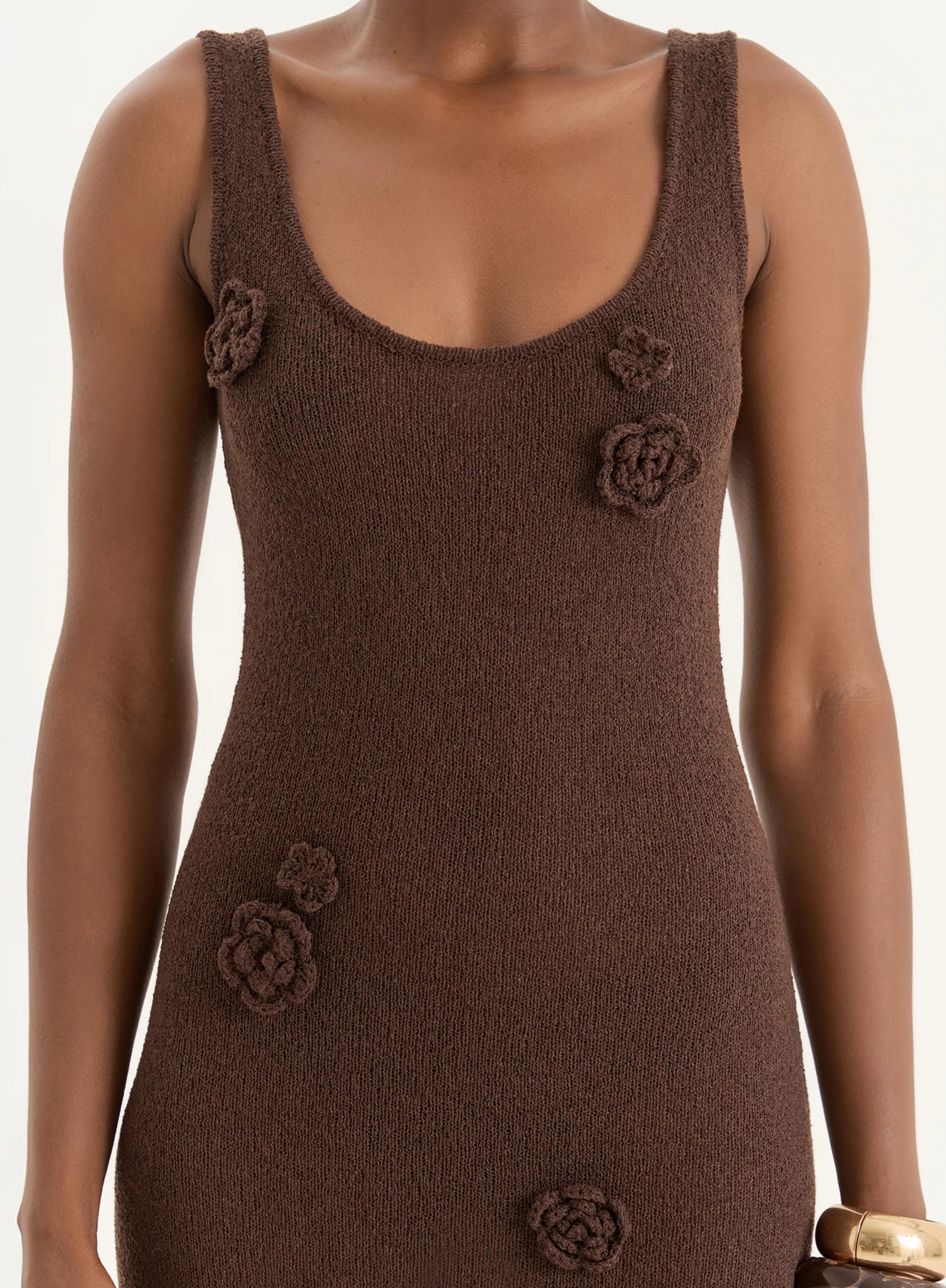 Brown Crochet Flower Detail Knitted Maxi Dress
