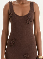 Brown Crochet Flower Detail Knitted Maxi Dress