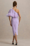 Victory Lilac One Shoulder Midi Dress With Feather Trim
