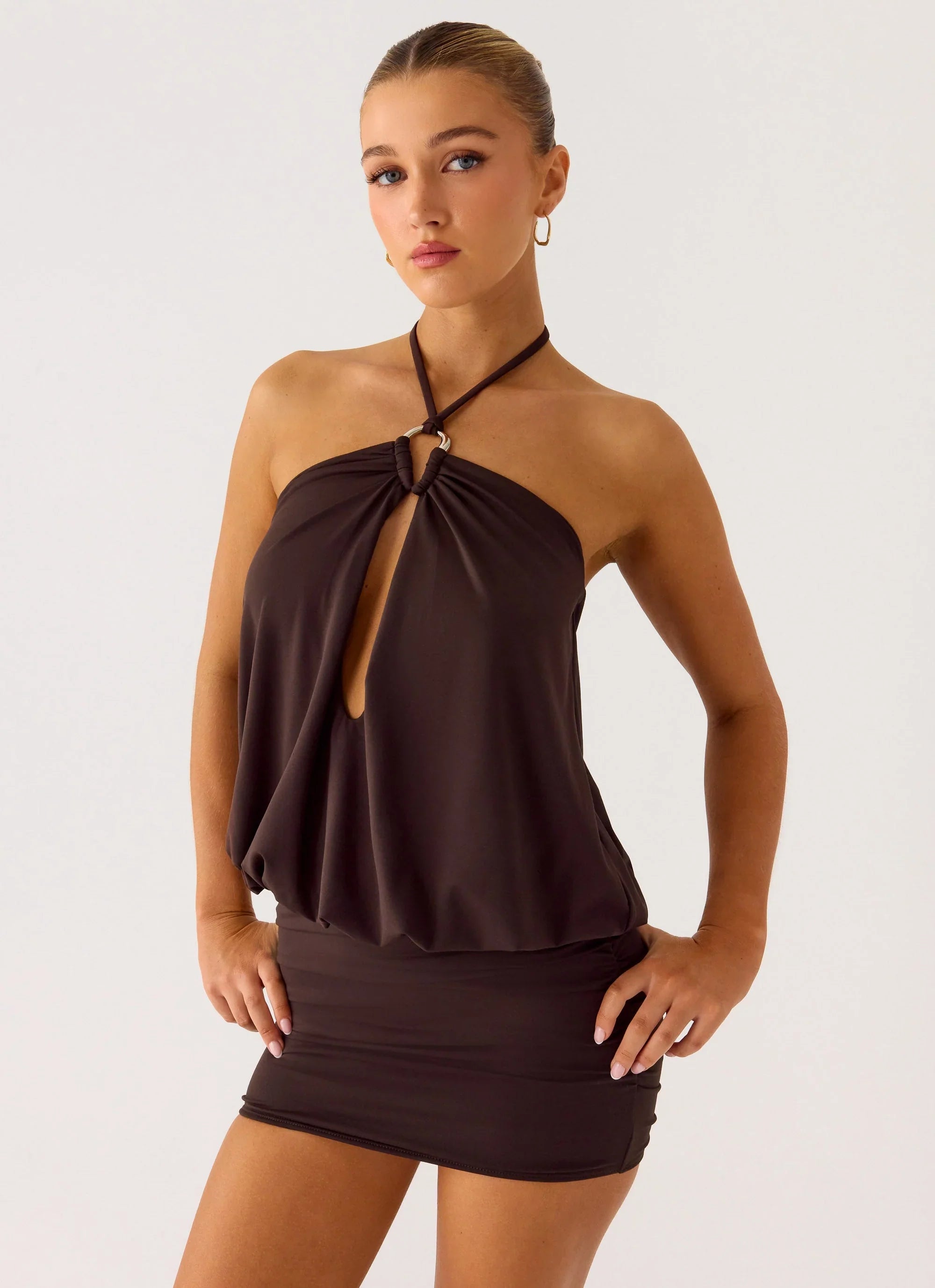 Jisoo Halter Mini Dress Cool Chocolate