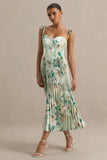 Peyton Green Floral Print Satin Sweetheart Neck Midi Dress With Pleated Details