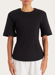 Black Shoulder Pad Cinched Waist T Shirt