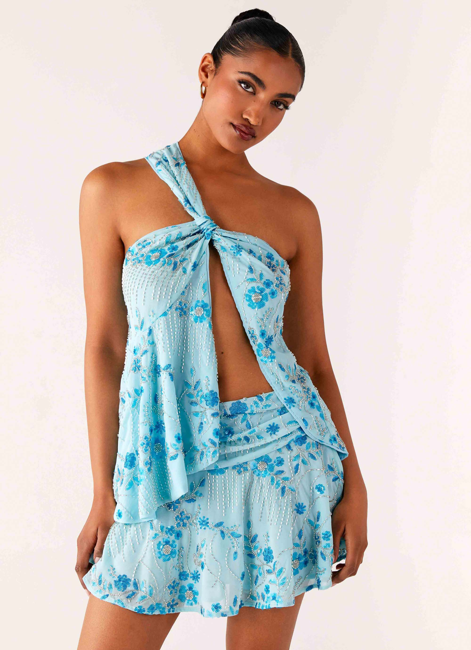 Delight Me Beaded Low Rise Mini Skirt Blue