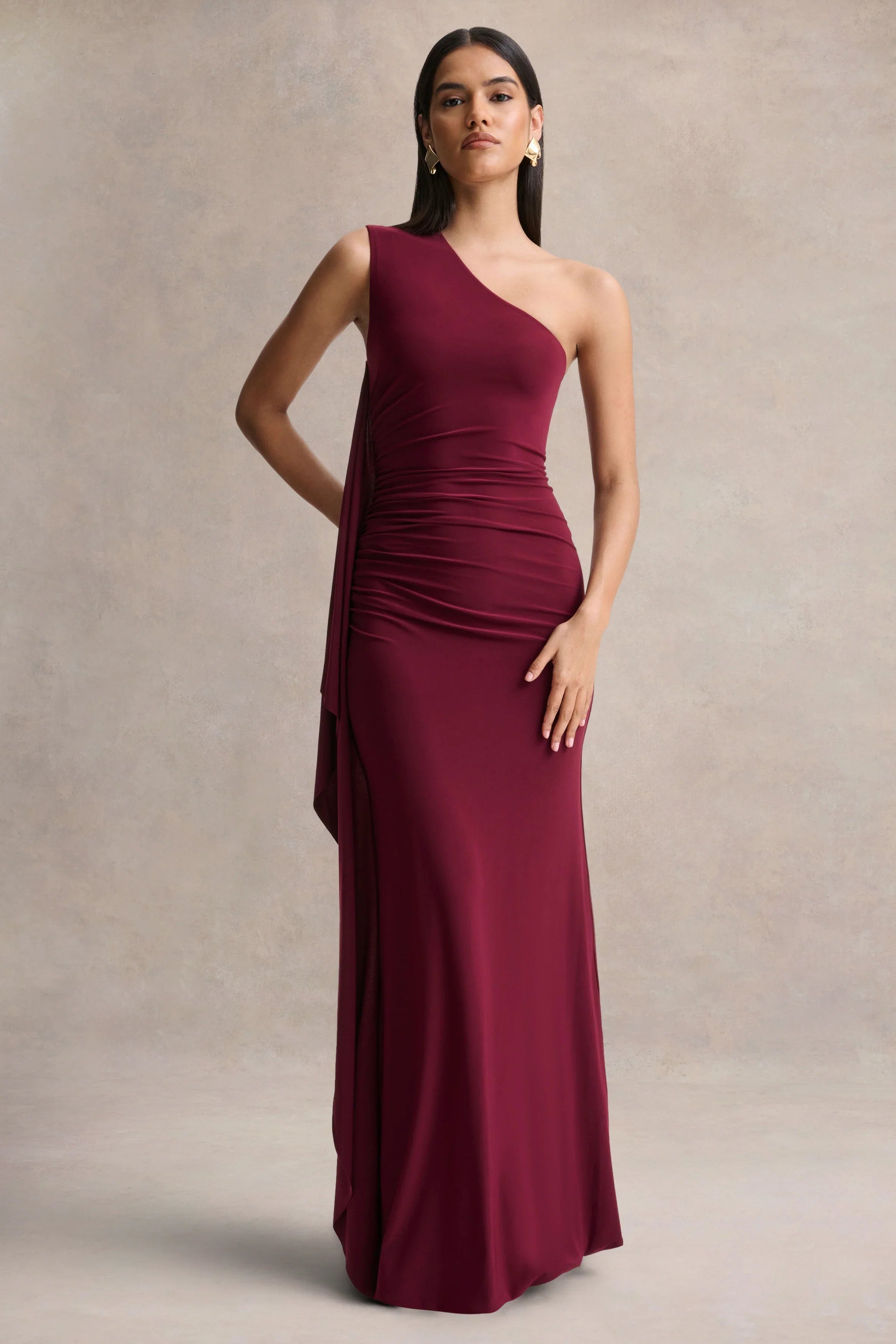 Adelina Burgundy One Shoulder Maxi Dress With Drape