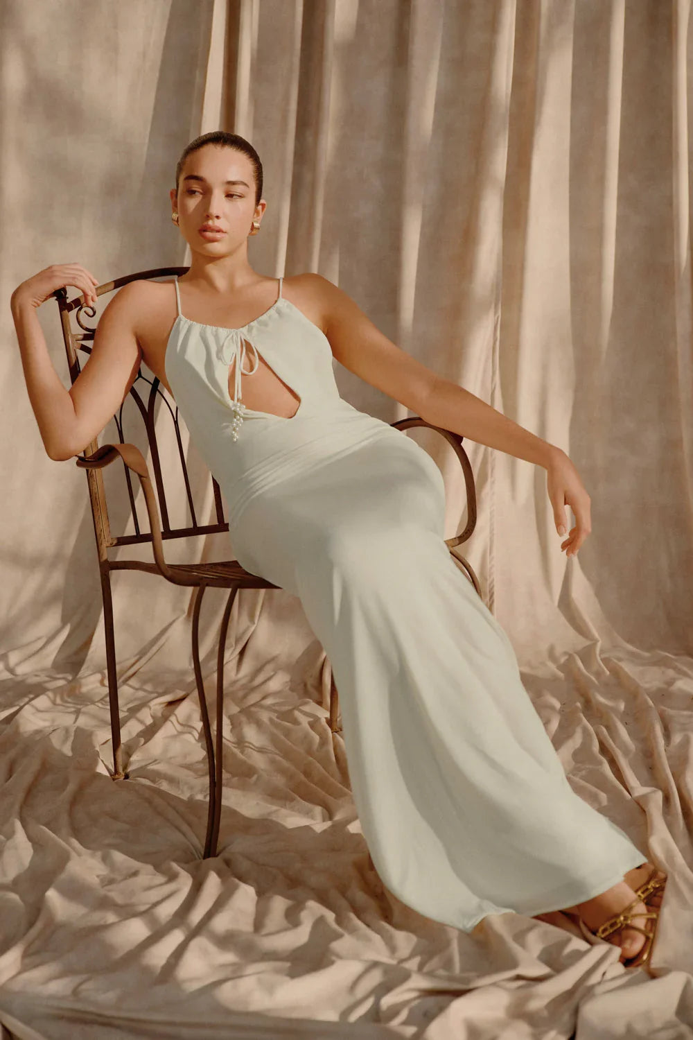 Beryl Slinky Maxi Dress With Pearls Ivory