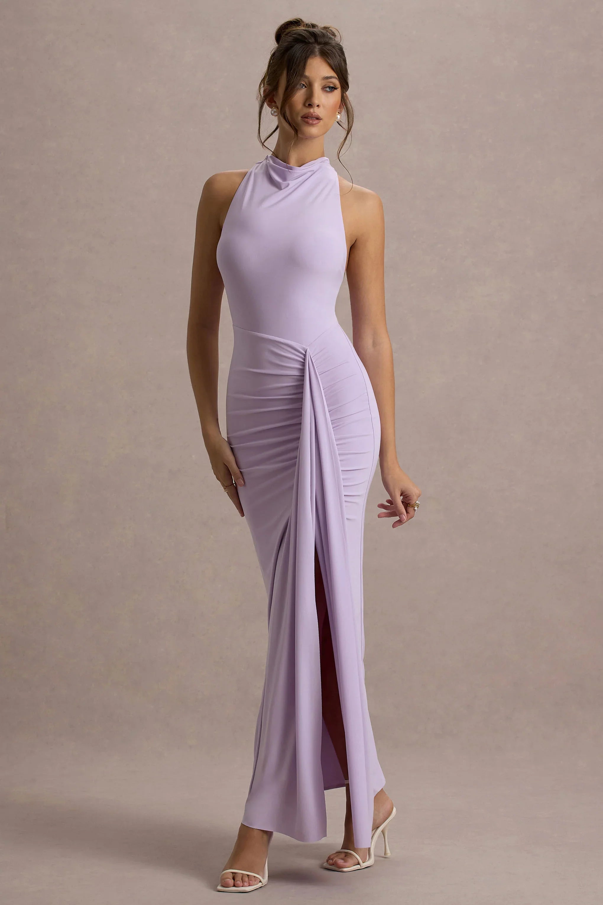Sunflower Lilac Ruched High Neck Split Maxi Dress