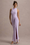 Sunflower Lilac Ruched High Neck Split Maxi Dress