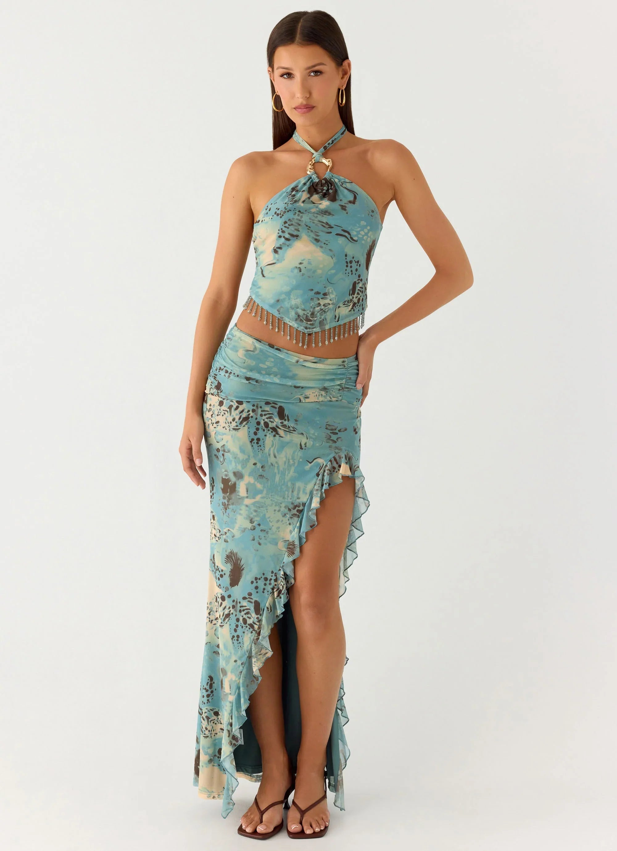 Lloyd Beaded Halter Top Aqua Blur