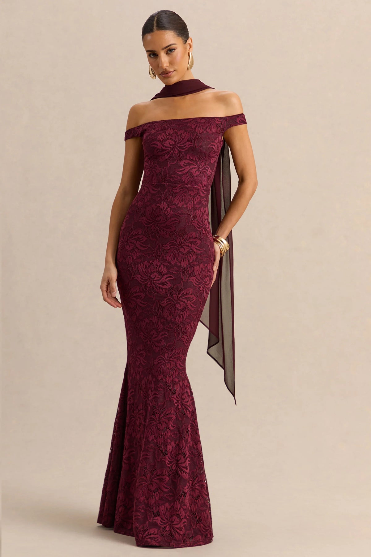 Iselle Burgundy Lace Bardot Neck Maxi Dress With Scarf Detail