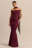 Iselle Burgundy Lace Bardot Neck Maxi Dress With Scarf Detail
