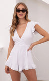 V Neck Ruffle Romper in White