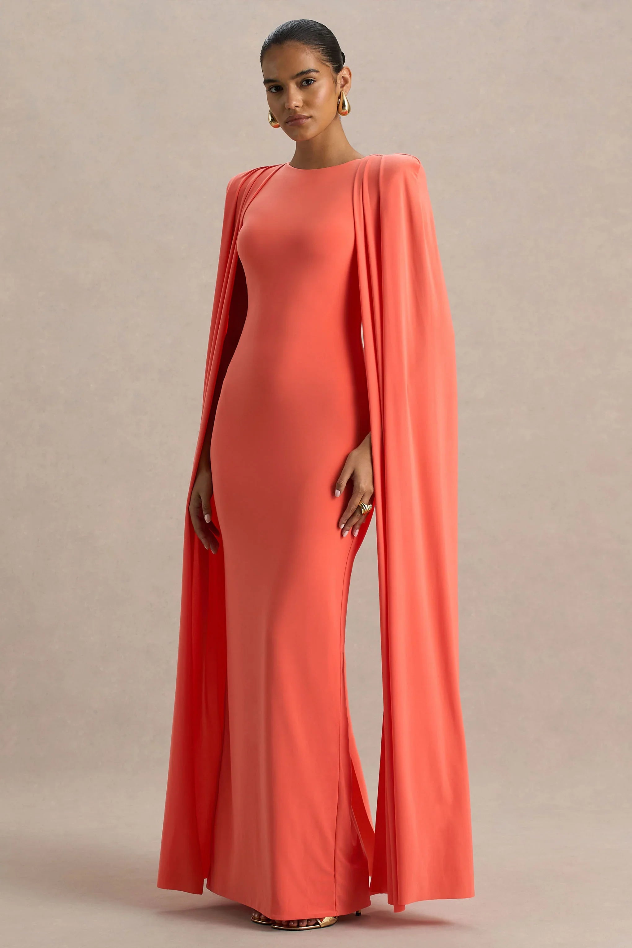 Mimi Coral High Neck Maxi Dress With Cape Sleeve Detail