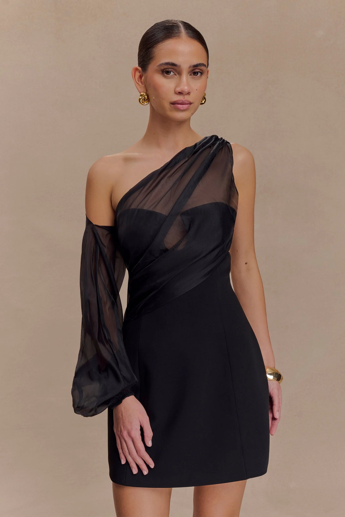 Effie Organza One Sleeve Mini Dress Black
