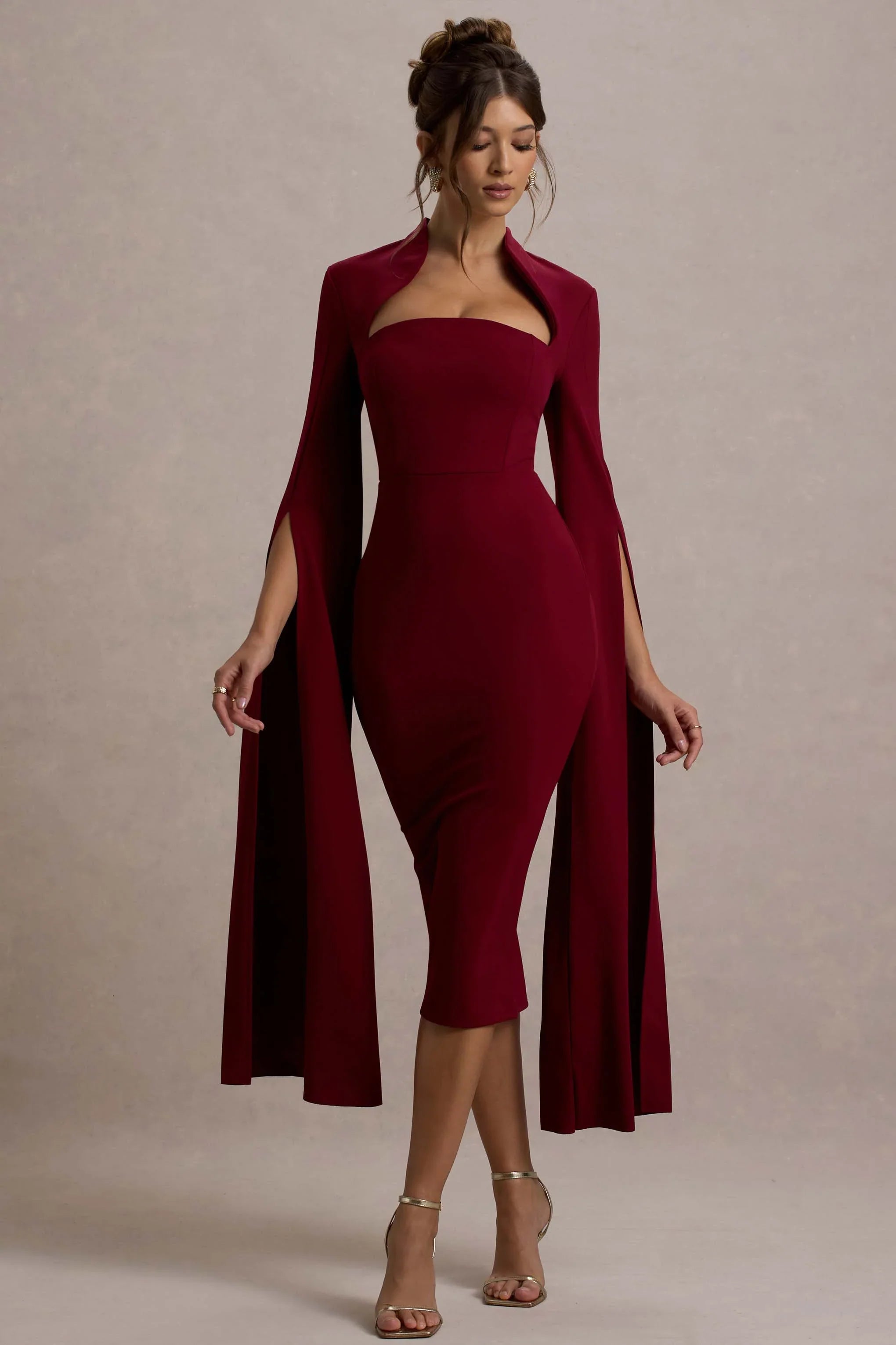 Linden Berry Bodycon Cape Sleeve Midi Dress