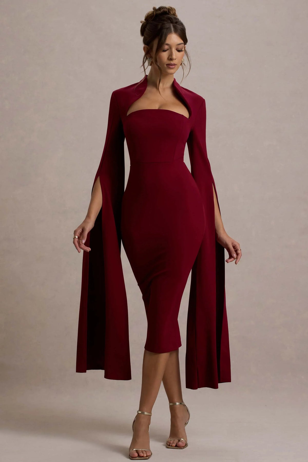 Linden Berry Bodycon Cape Sleeve Midi Dress