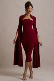 Linden Berry Bodycon Cape Sleeve Midi Dress