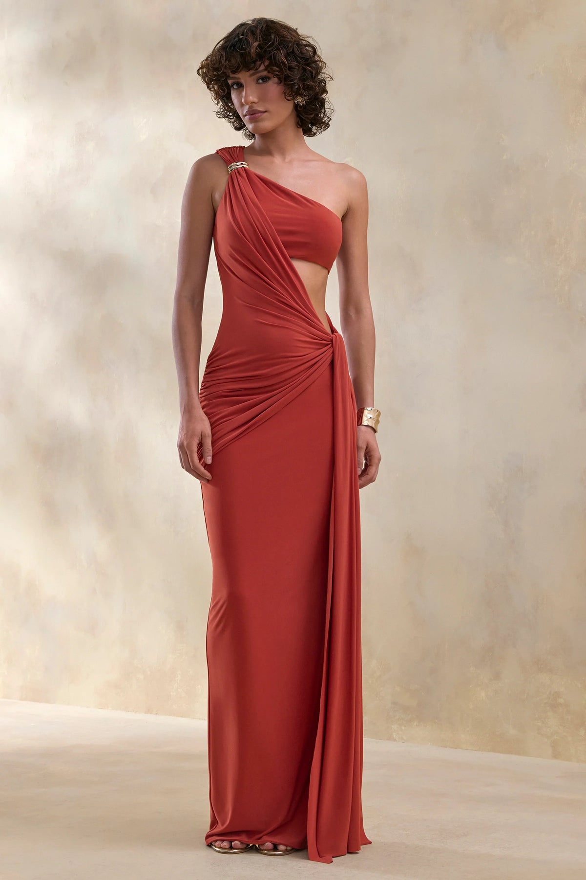 Clarosia Rust Asymmetric Neck Maxi Dress With Cut Out With Sash
