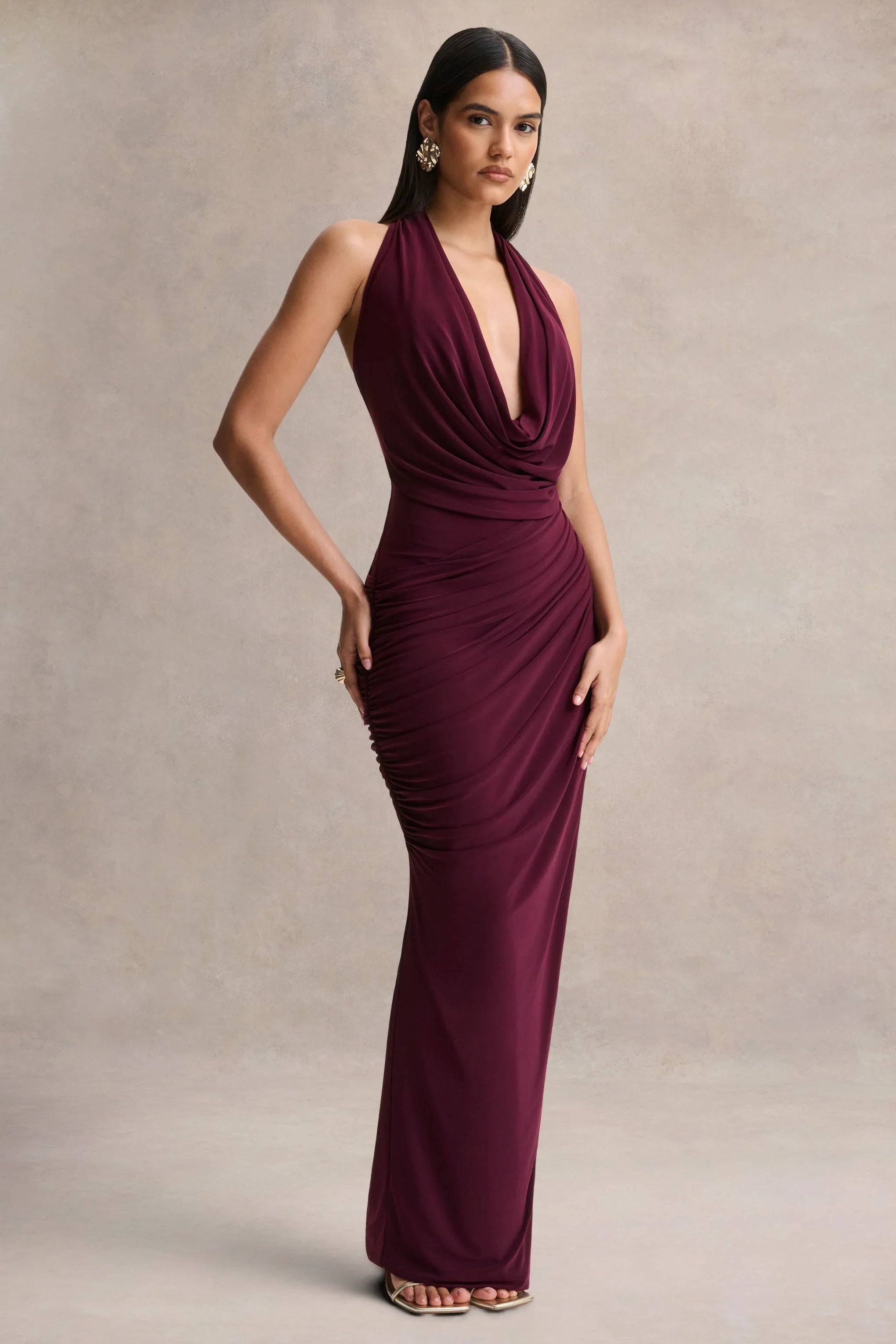 Cairo Burgundy Cowl Neck Maxi Dress With Gathered Detailing
