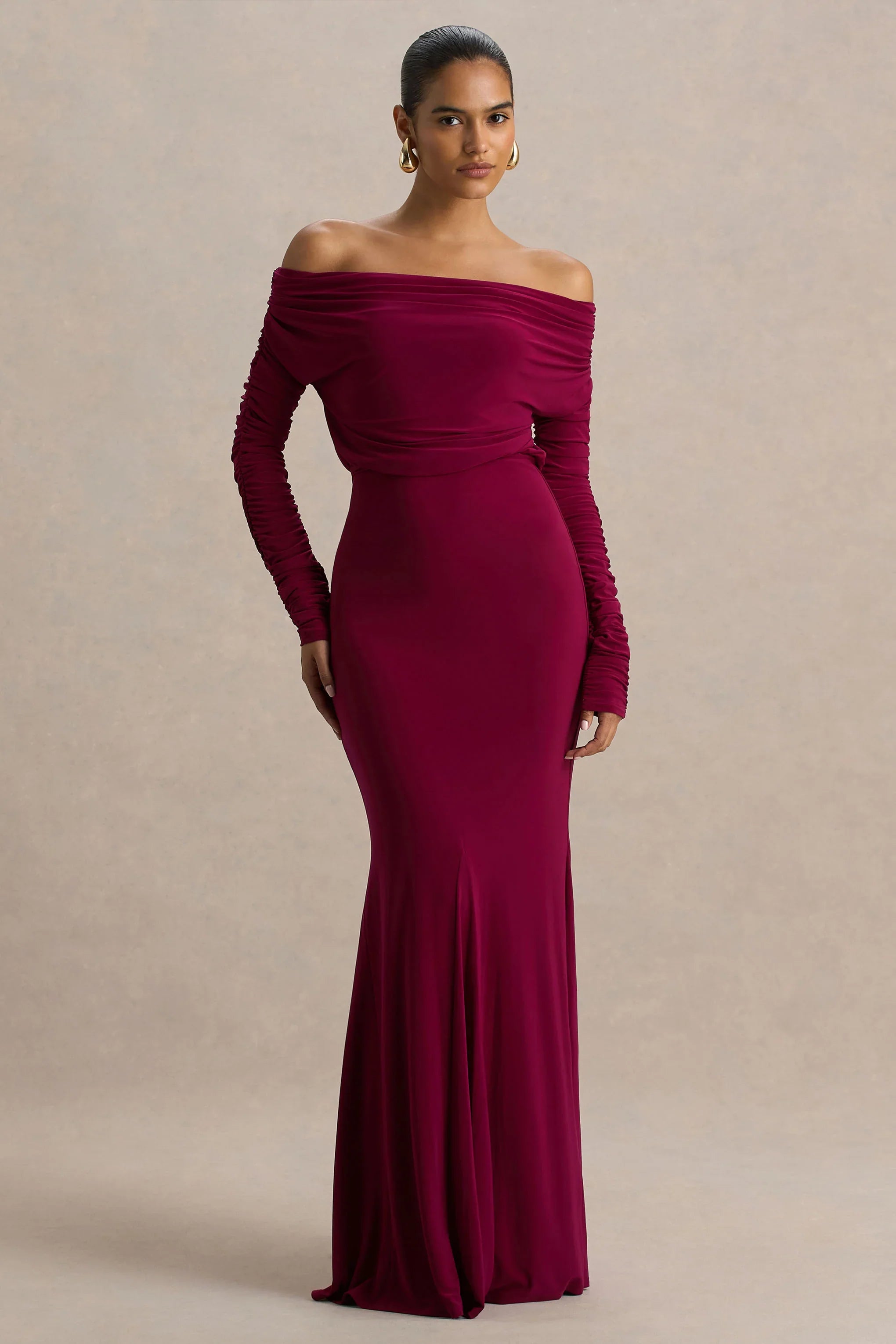 Cilla Burgundy Bardot Neck Maxi Dress With Ruched Detailing