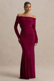 Cilla Burgundy Bardot Neck Maxi Dress With Ruched Detailing